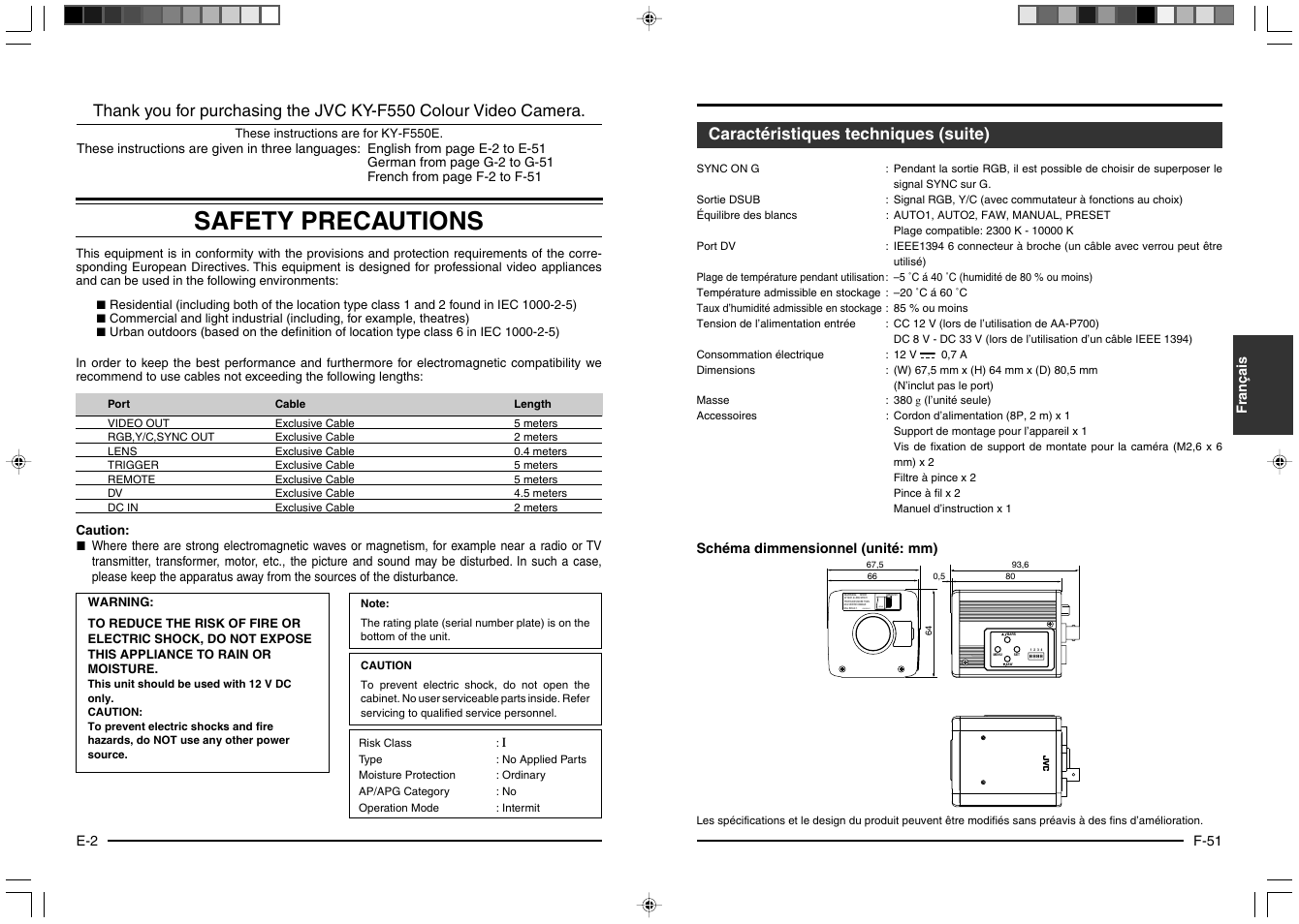 Safety precautions, Caractéristiques techniques (suite), Français | Schéma dimmensionnel (unité: mm), F-51 | JVC KY-F550E User Manual | Page 2 / 156