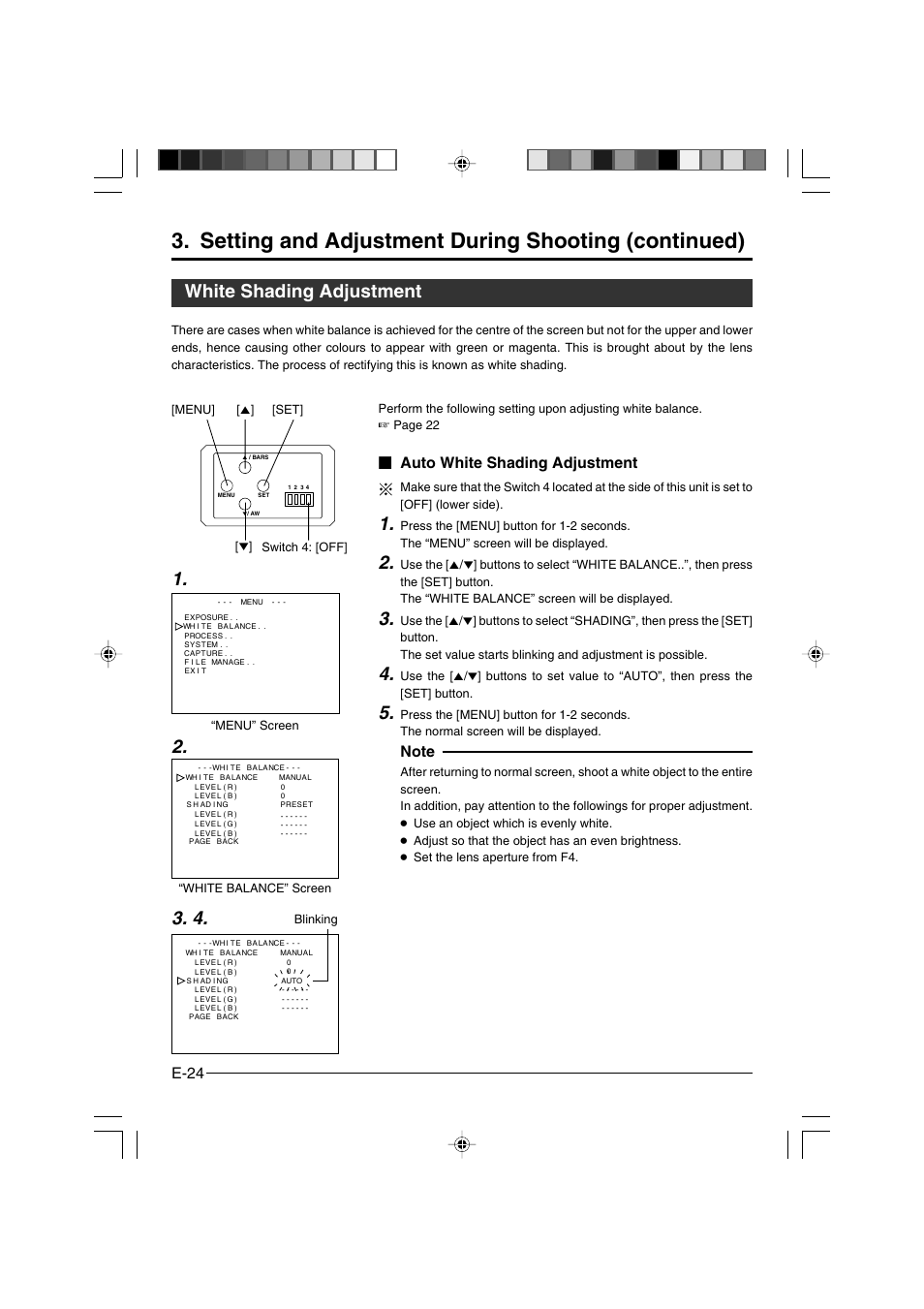 White shading adjustment, Setting and adjustment during shooting (continued), 4. white shading adjustment 2. 1 | E-24, Auto white shading adjustment | JVC KY-F550E User Manual | Page 24 / 156