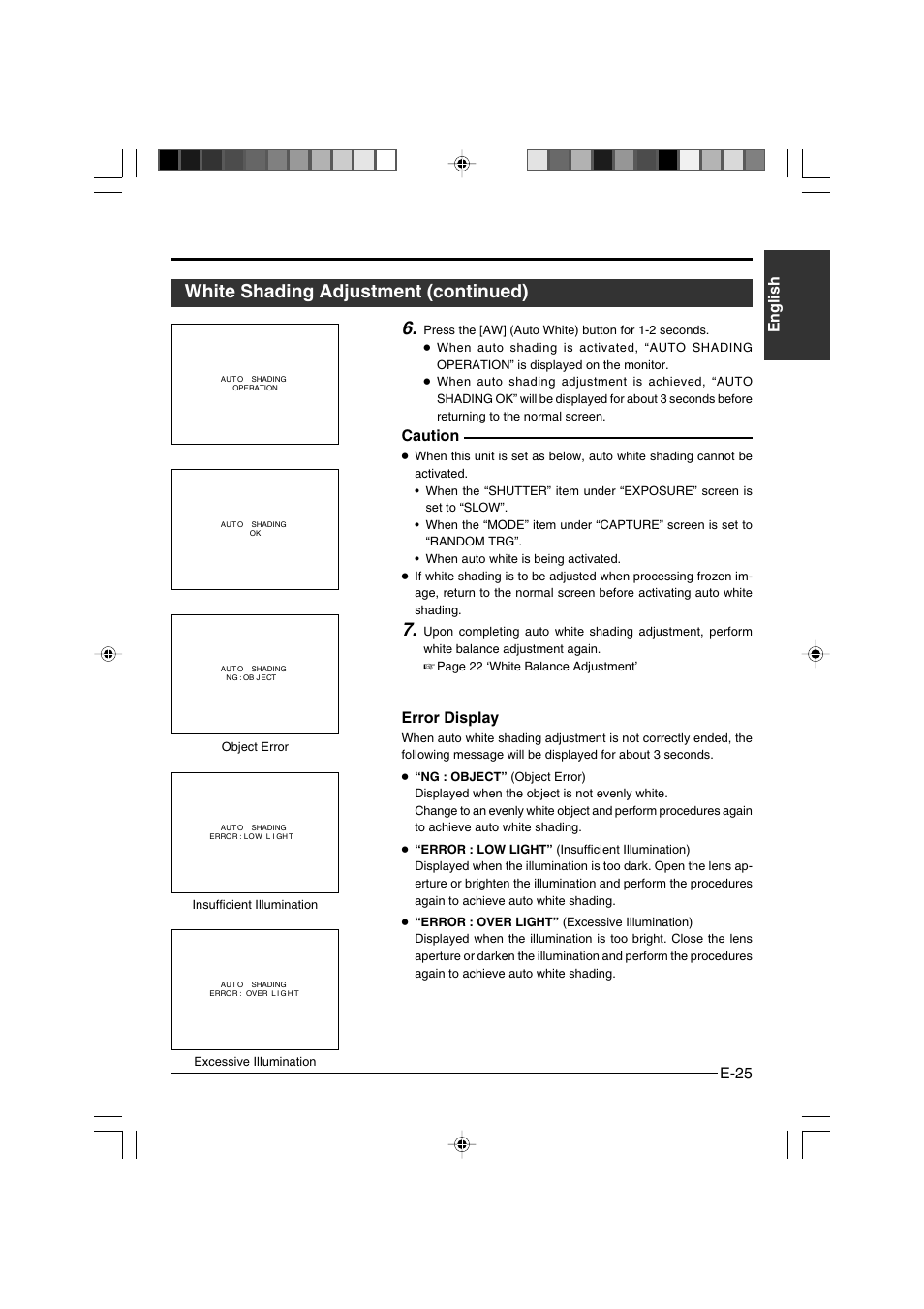 White shading adjustment (continued), E-25 english, Caution | Error display | JVC KY-F550E User Manual | Page 25 / 156