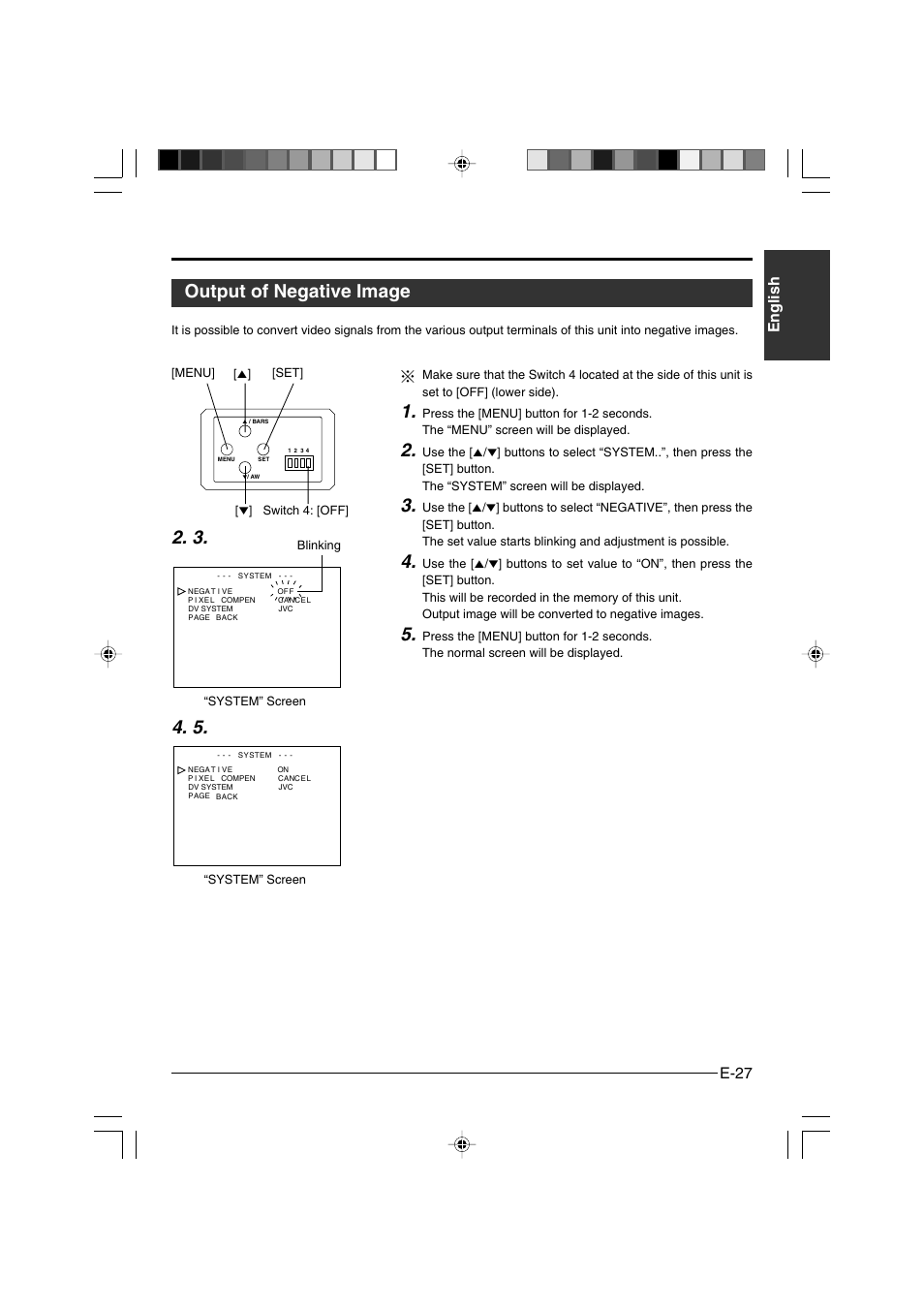 Output of negative image, E-27 english | JVC KY-F550E User Manual | Page 27 / 156