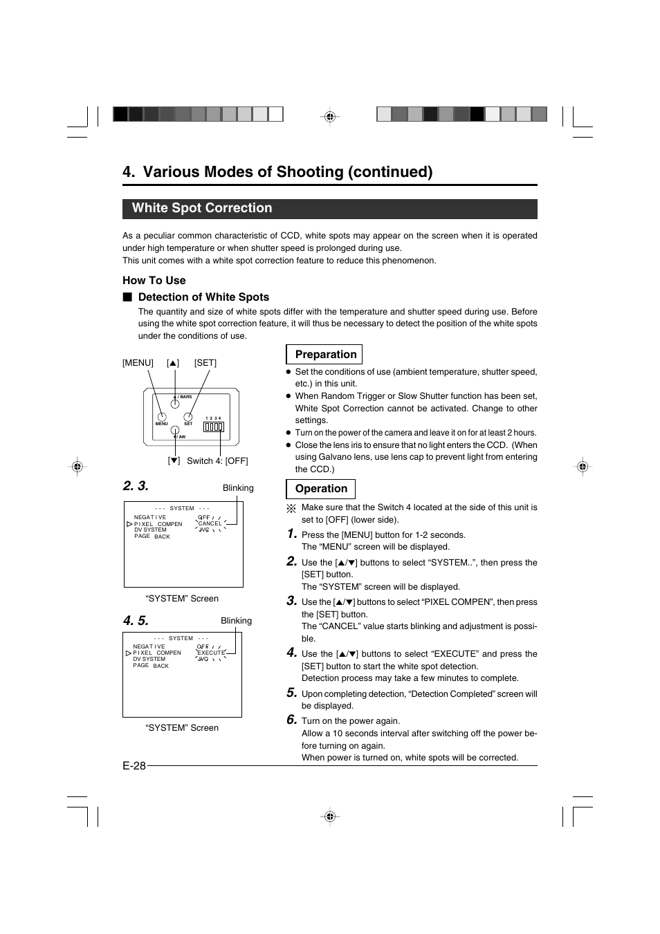 White spot correction, Various modes of shooting (continued), E-28 | How to use Ⅵ detection of white spots, Preparation, Operation | JVC KY-F550E User Manual | Page 28 / 156