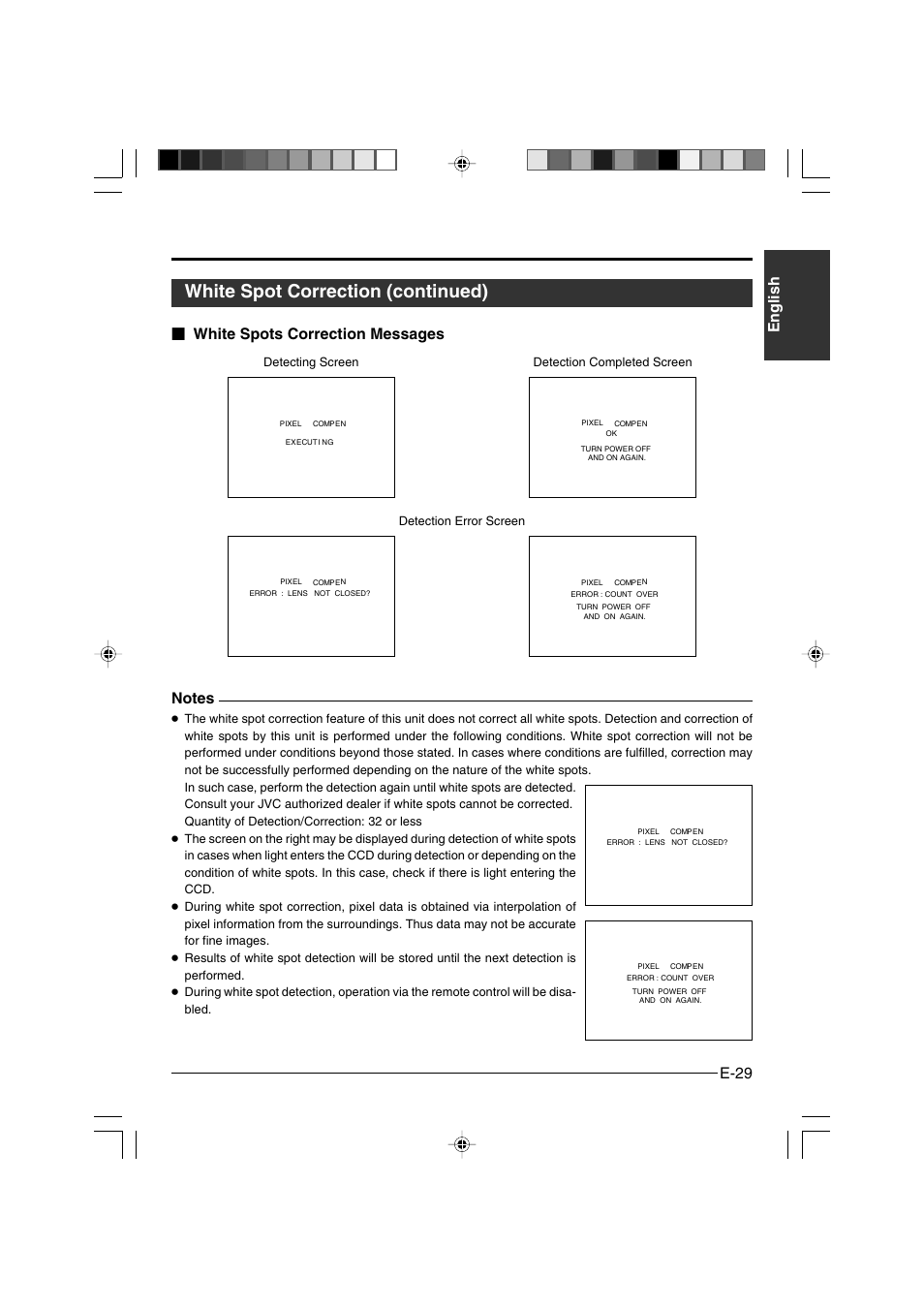 White spot correction (continued), E-29 english, White spots correction messages | JVC KY-F550E User Manual | Page 29 / 156