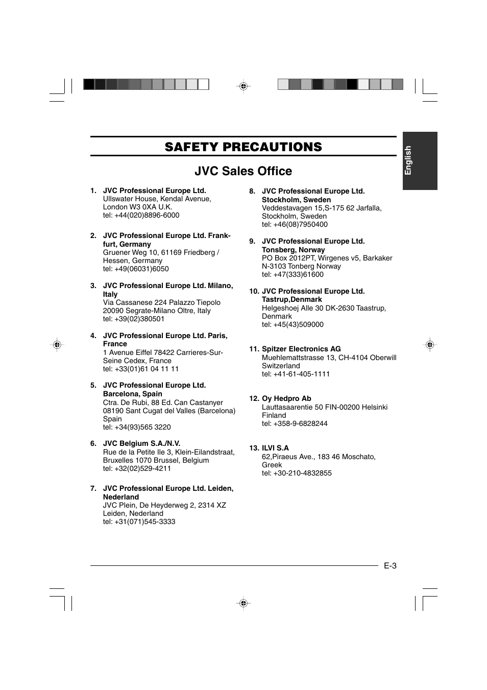 Safety precautions, Jvc sales office | JVC KY-F550E User Manual | Page 3 / 156