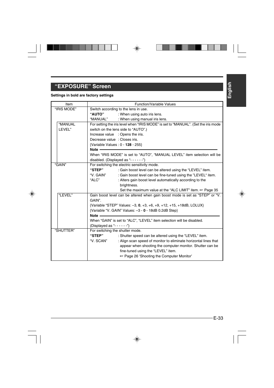 Exposure” screen, E-33 english | JVC KY-F550E User Manual | Page 33 / 156