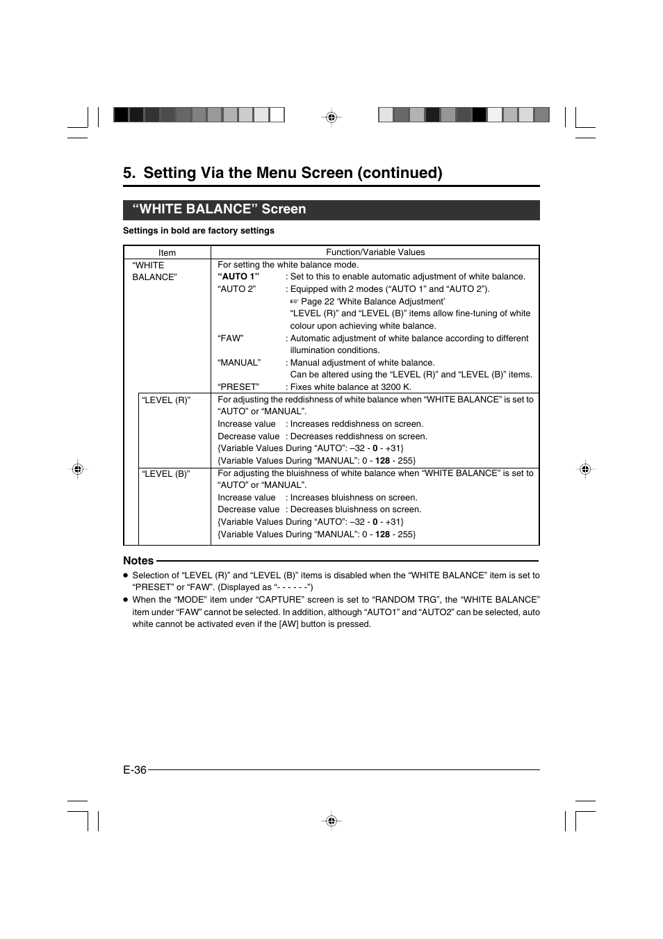 White balance” screen, Setting via the menu screen (continued) | JVC KY-F550E User Manual | Page 36 / 156