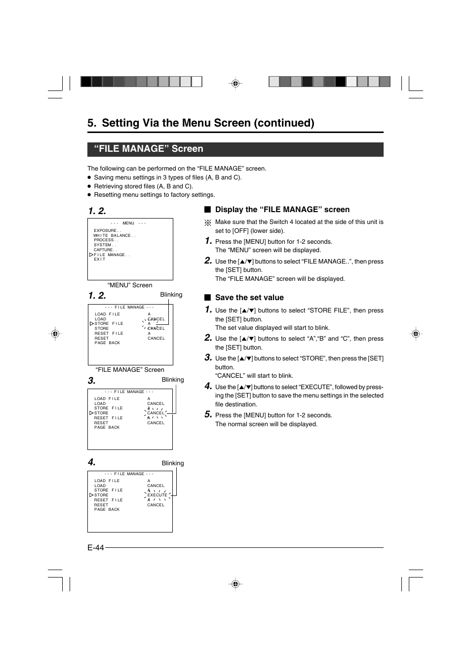 File manage” screen, Setting via the menu screen (continued), E-44 | Display the “file manage” screen, Save the set value | JVC KY-F550E User Manual | Page 44 / 156