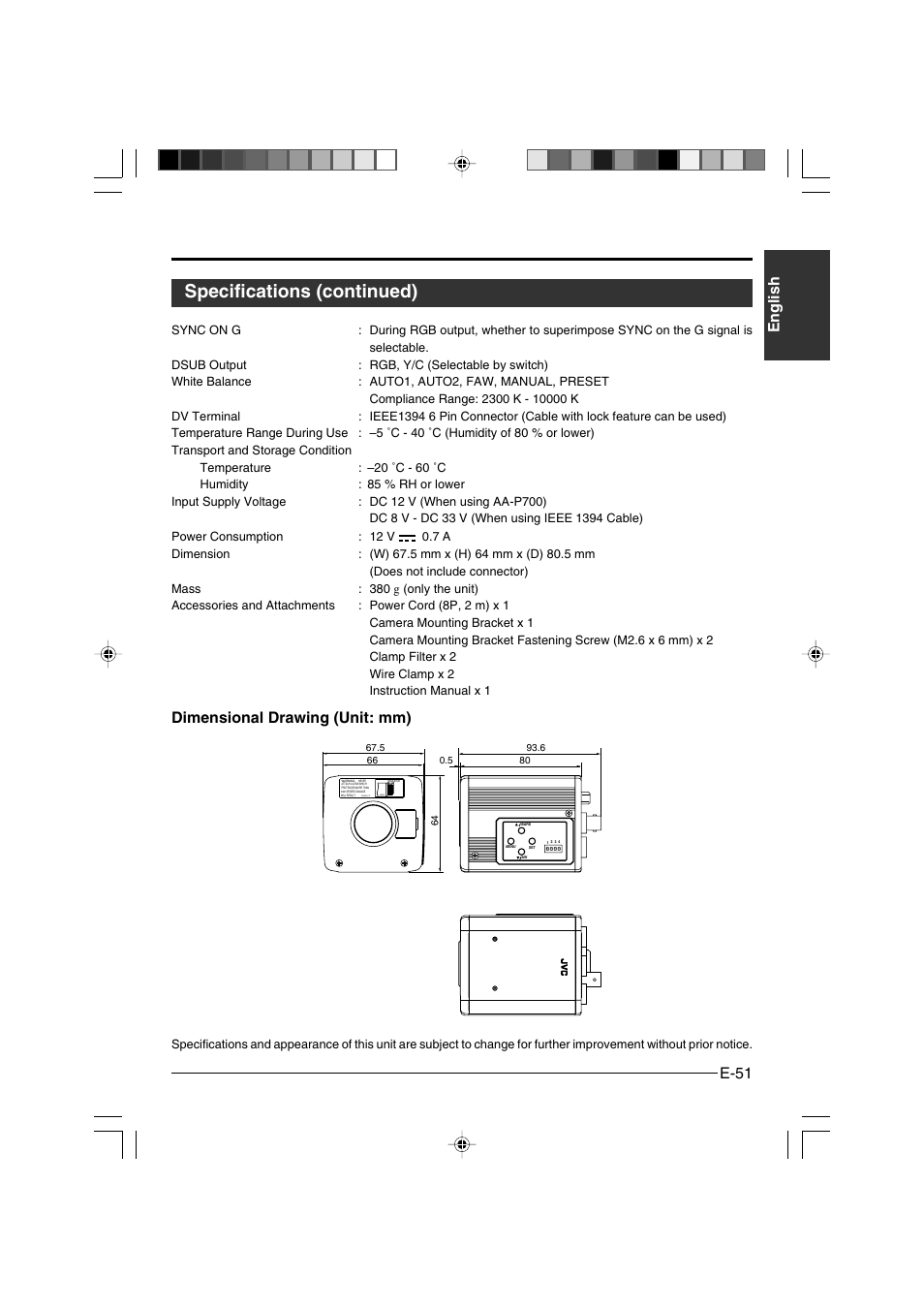 Specifications (continued), E-51 english, Dimensional drawing (unit: mm) | JVC KY-F550E User Manual | Page 51 / 156