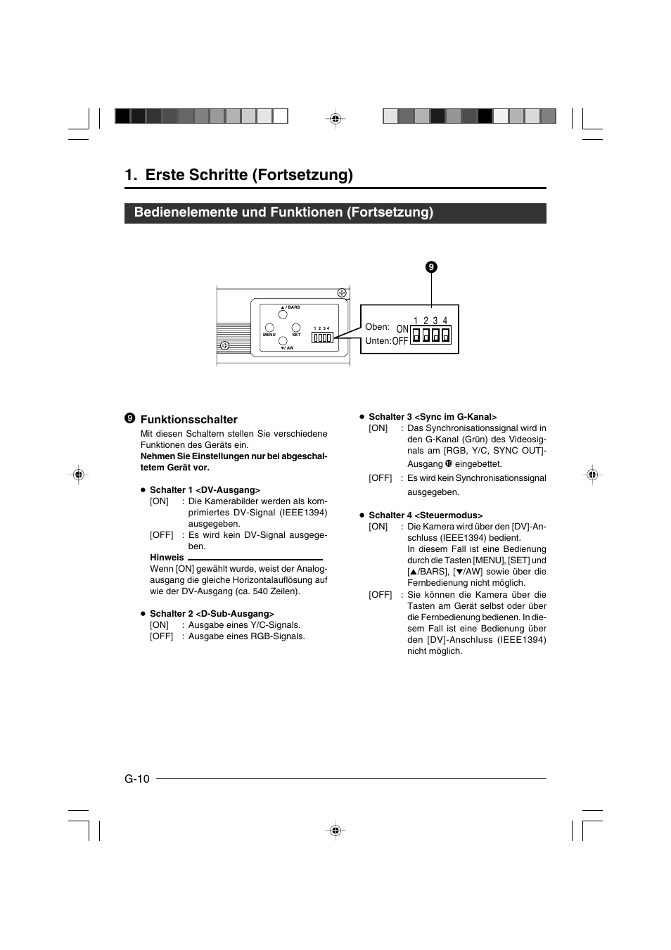 Erste schritte (fortsetzung), Bedienelemente und funktionen (fortsetzung), G-10 | Funktionsschalter | JVC KY-F550E User Manual | Page 62 / 156