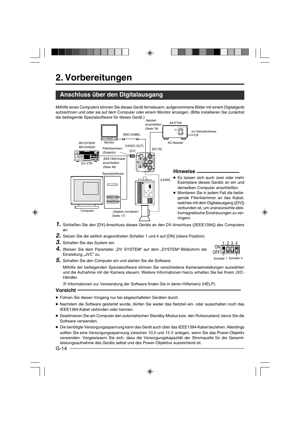 Vorbereitungen, Anschluss über den digitalausgang, G-14 | Vorsicht, Hinweise, On off 1 2 3 4, Schalten sie das system ein | JVC KY-F550E User Manual | Page 66 / 156