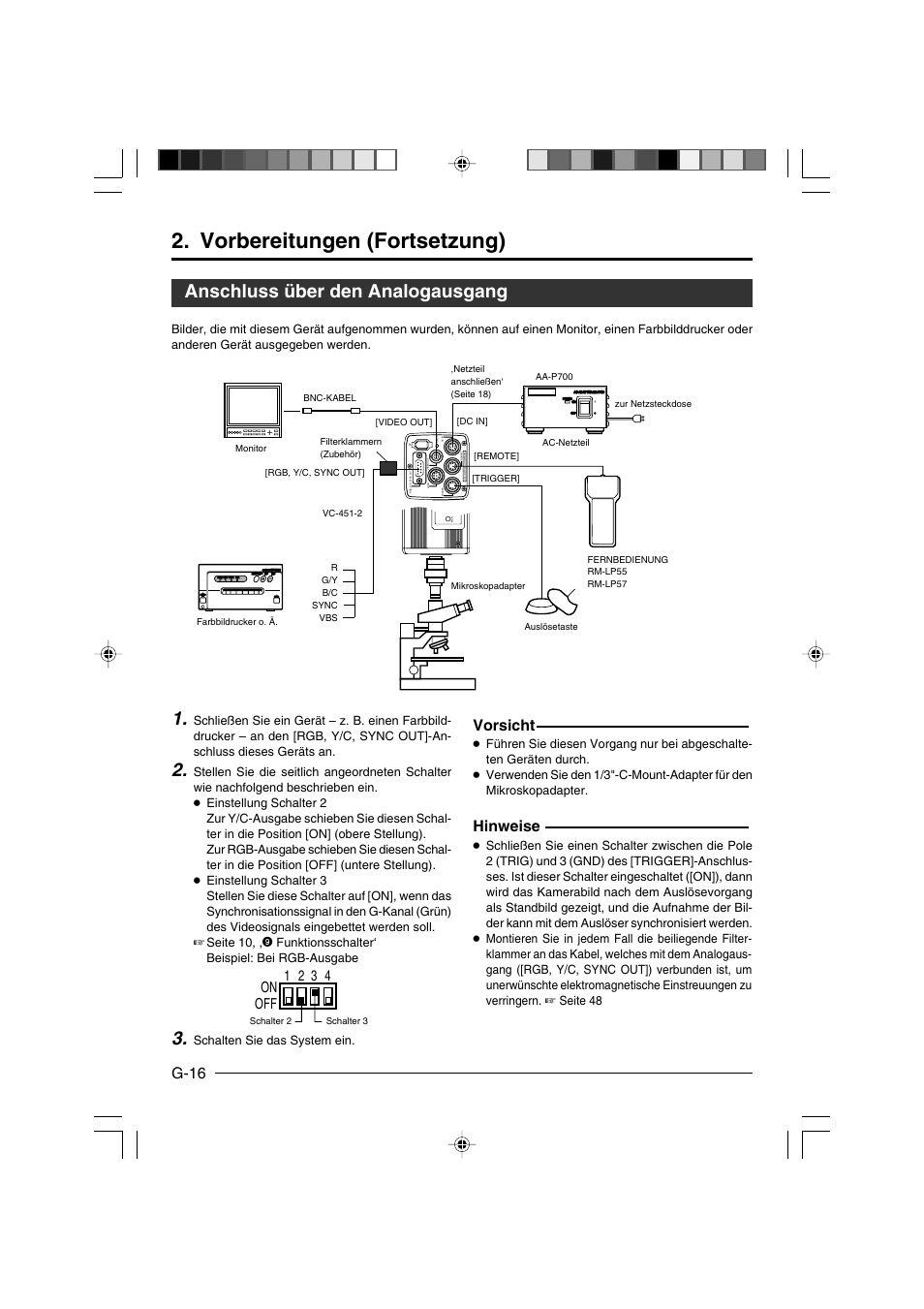 Anschluss über den analogausgang, Vorbereitungen (fortsetzung), G-16 | Vorsicht, Hinweise, On off 1 2 3 4, Power | JVC KY-F550E User Manual | Page 68 / 156