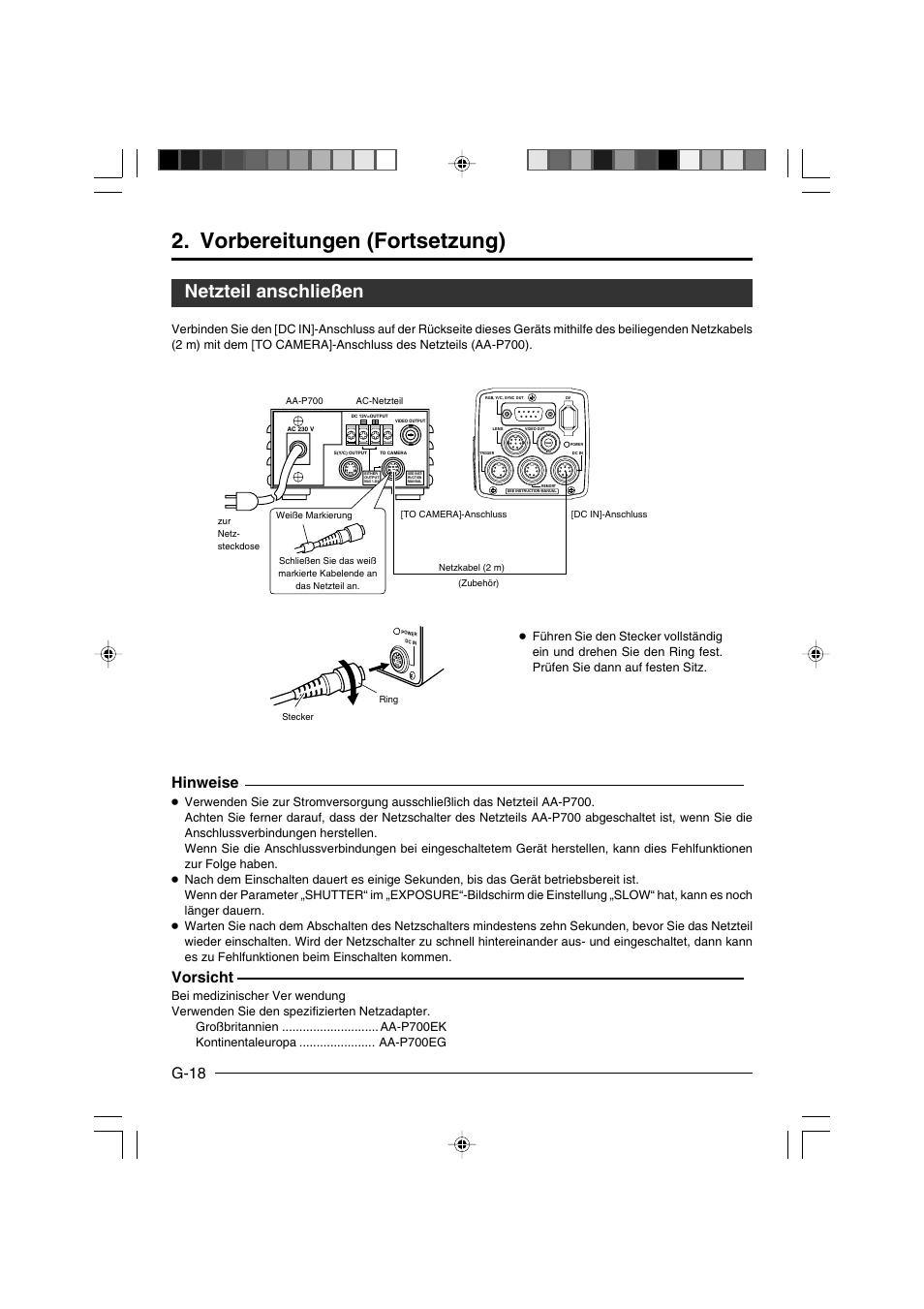 Netzteil anschließen, Vorbereitungen (fortsetzung), G-18 | Hinweise, Vorsicht | JVC KY-F550E User Manual | Page 70 / 156