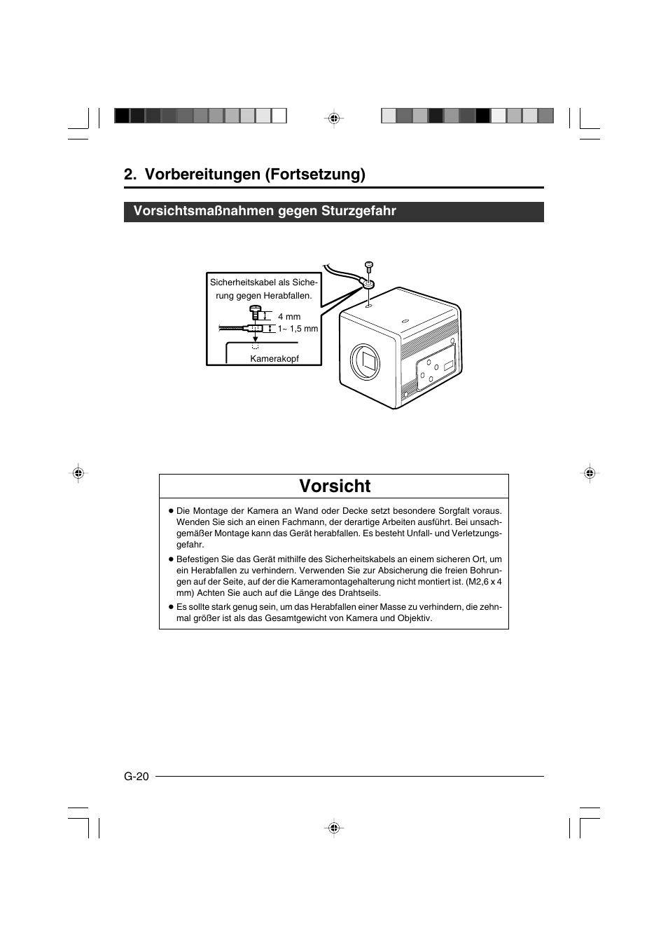 Vorsichtsmaßnahmen gegen sturzgefahr, Vorsicht, Vorbereitungen (fortsetzung) | JVC KY-F550E User Manual | Page 72 / 156