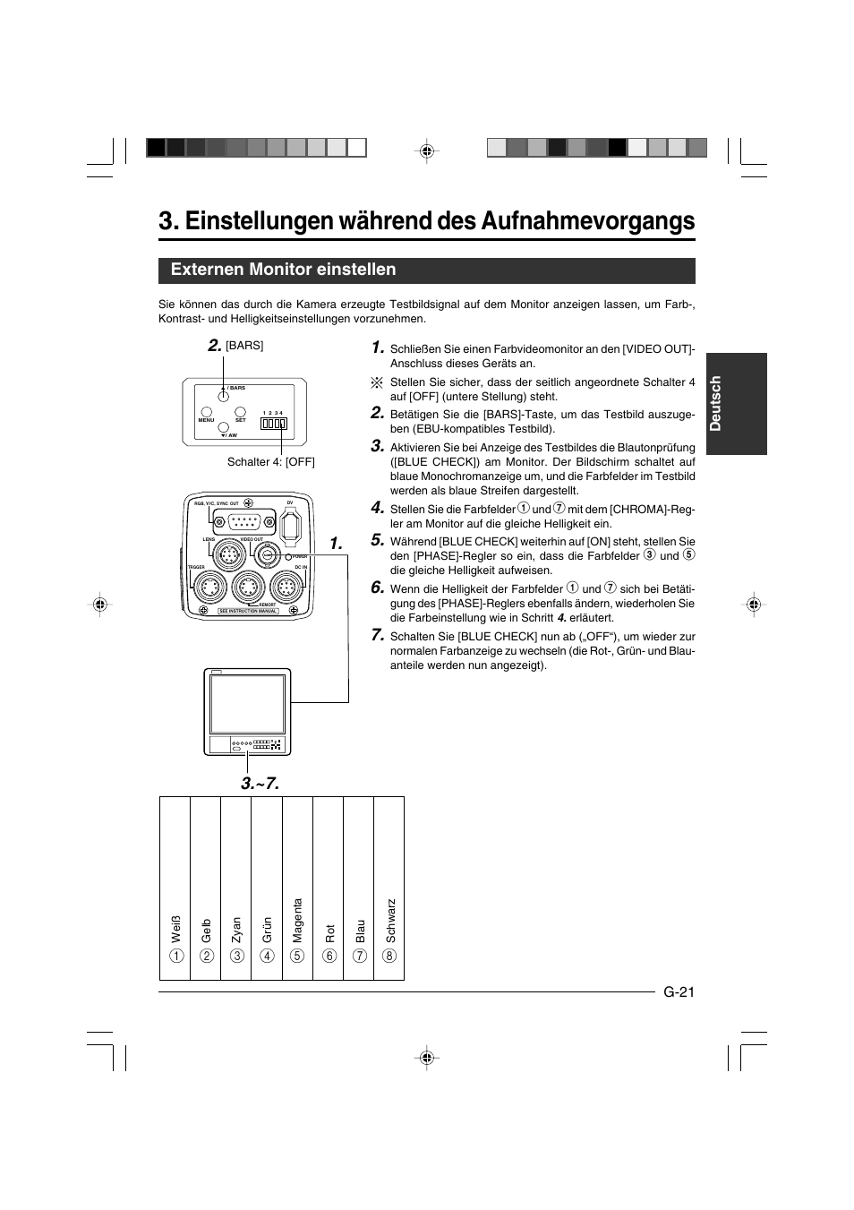 Einstellungen während des aufnahmevorgangs, Externen monitor einstellen, Externen monitor einstellen 1 | JVC KY-F550E User Manual | Page 73 / 156