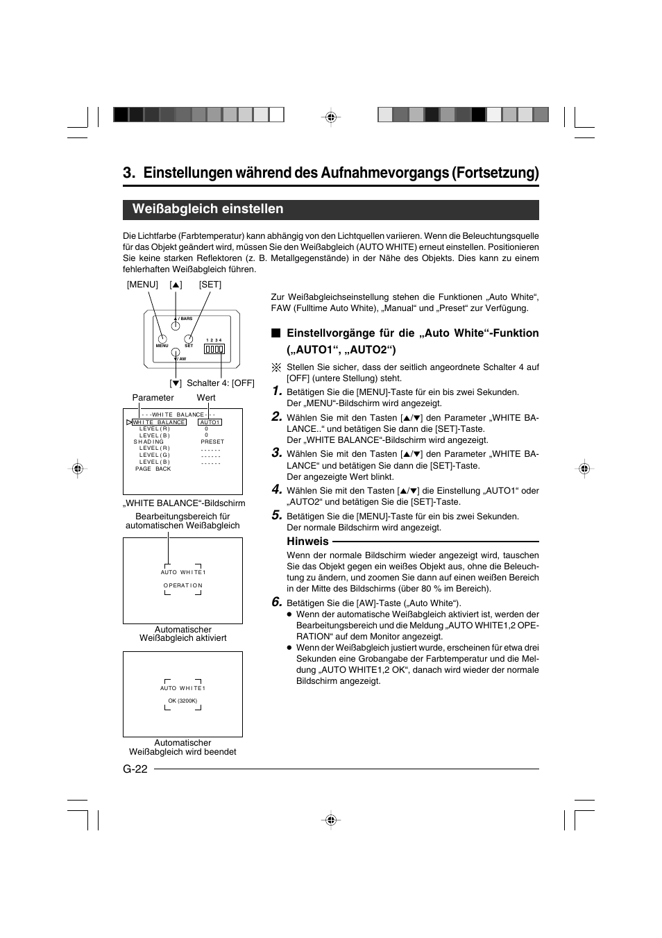 Weißabgleich einstellen, G-22, Hinweis | JVC KY-F550E User Manual | Page 74 / 156