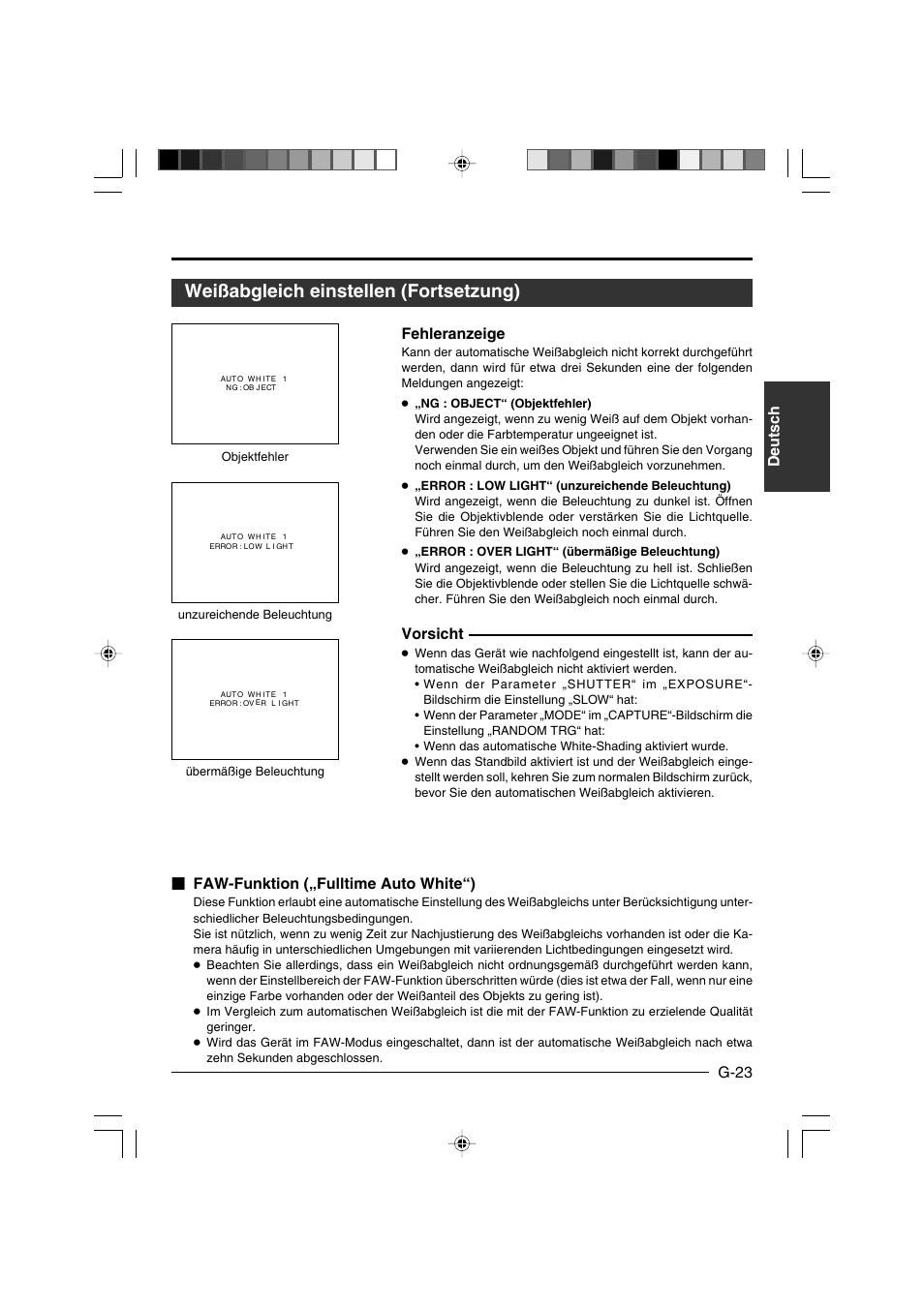 Weißabgleich einstellen (fortsetzung), Deutsch g-23, Fehleranzeige | Vorsicht, Faw-funktion („fulltime auto white“) | JVC KY-F550E User Manual | Page 75 / 156