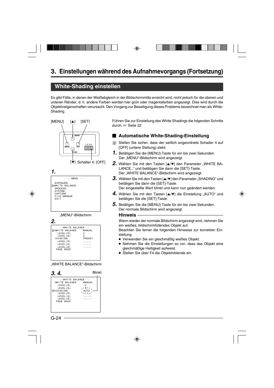 White-shading einstellen, 4. white-shading einstellen 2. 1, G-24 | Automatische white-shading-einstellung, Hinweis | JVC KY-F550E User Manual | Page 76 / 156