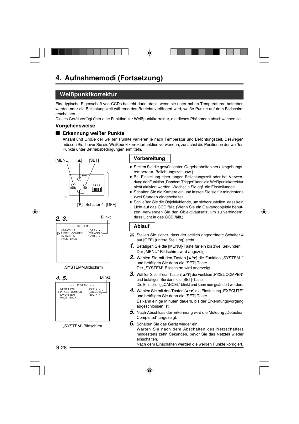 Weißpunktkorrektur, G-28, Vorgehensweise Ⅵ erkennung weißer punkte | Vorbereitung, Ablauf | JVC KY-F550E User Manual | Page 80 / 156