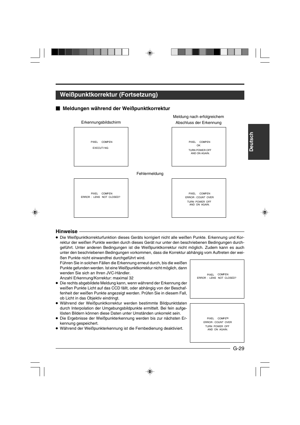 Weißpunktkorrektur (fortsetzung), Deutsch g-29, Hinweise | Meldungen während der weißpunktkorrektur | JVC KY-F550E User Manual | Page 81 / 156