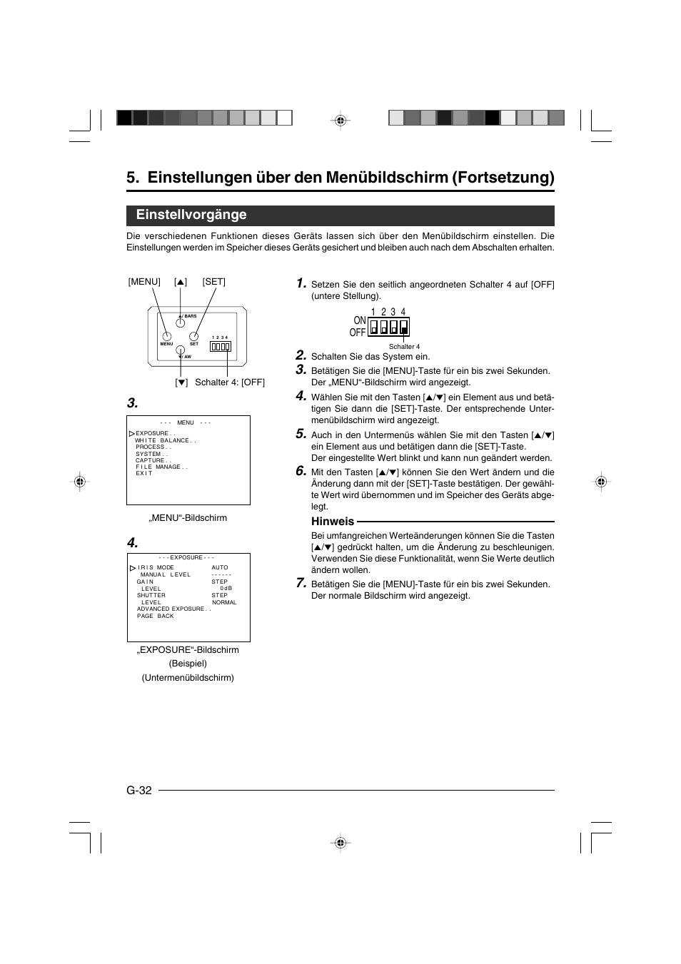 Einstellvorgänge, G-32, Hinweis | On off 1 2 3 4 | JVC KY-F550E User Manual | Page 84 / 156