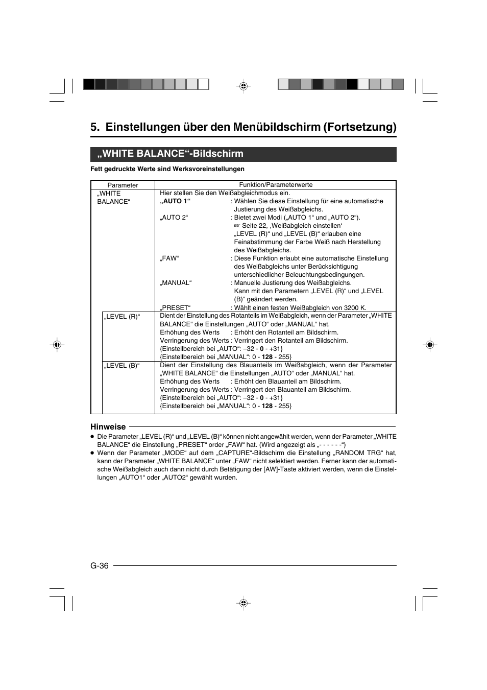 White balance“-bildschirm | JVC KY-F550E User Manual | Page 88 / 156