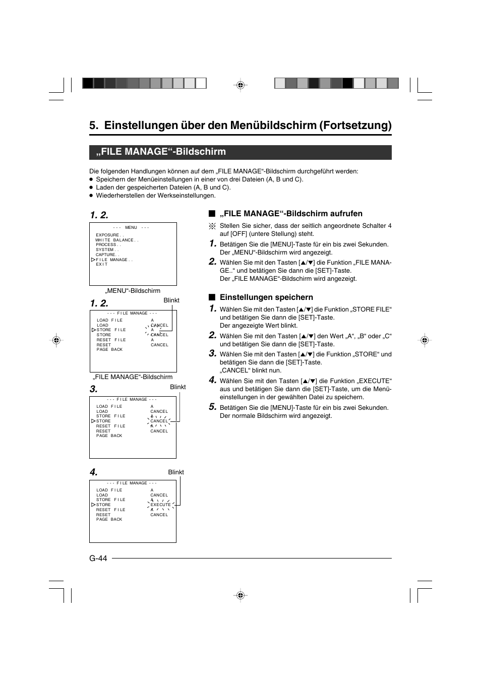 File manage“-bildschirm, G-44, File manage“-bildschirm aufrufen | Einstellungen speichern | JVC KY-F550E User Manual | Page 96 / 156