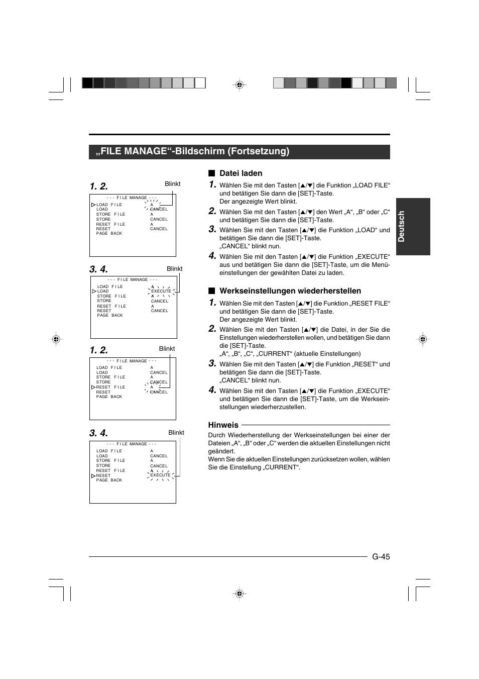 Deutsch g-45, Datei laden, Werkseinstellungen wiederherstellen | Hinweis | JVC KY-F550E User Manual | Page 97 / 156