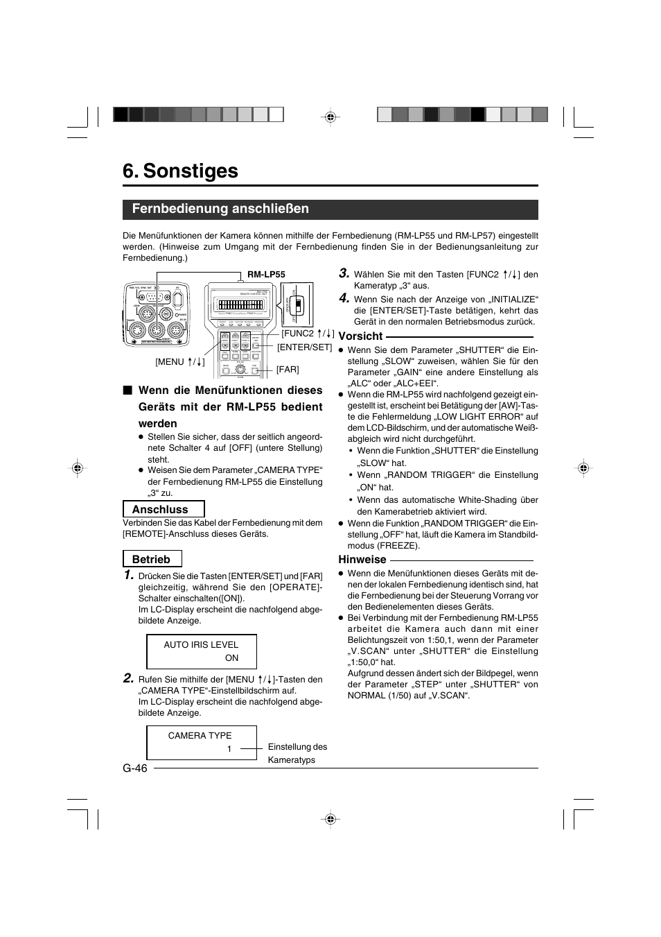 Sonstiges, Fernbedienung anschließen, G-46 | Vorsicht, Hinweise, Anschluss, Betrieb | JVC KY-F550E User Manual | Page 98 / 156
