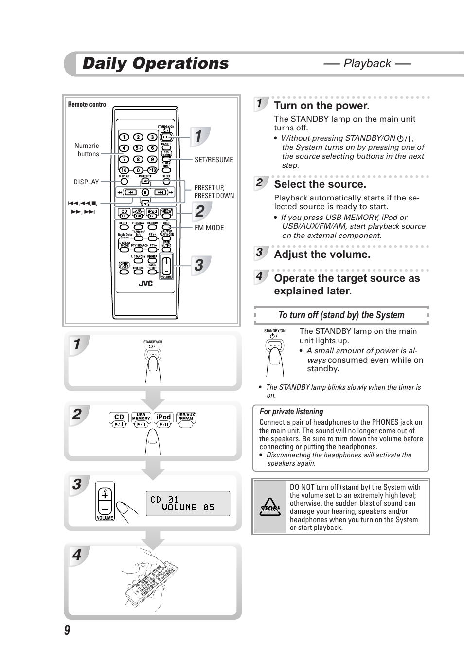 Daily operations — playback, Daily operations— playback, Daily operations | Playback | JVC CA-UXEP25 User Manual | Page 12 / 35