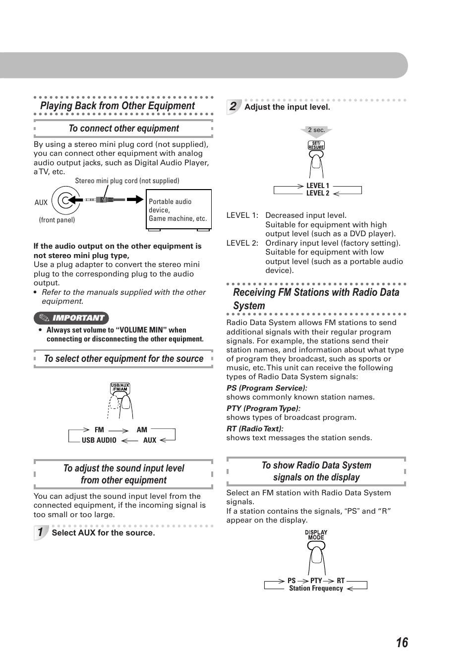 Playing back from other equipment, Receiving fm stations with radio data system | JVC CA-UXEP25 User Manual | Page 19 / 35