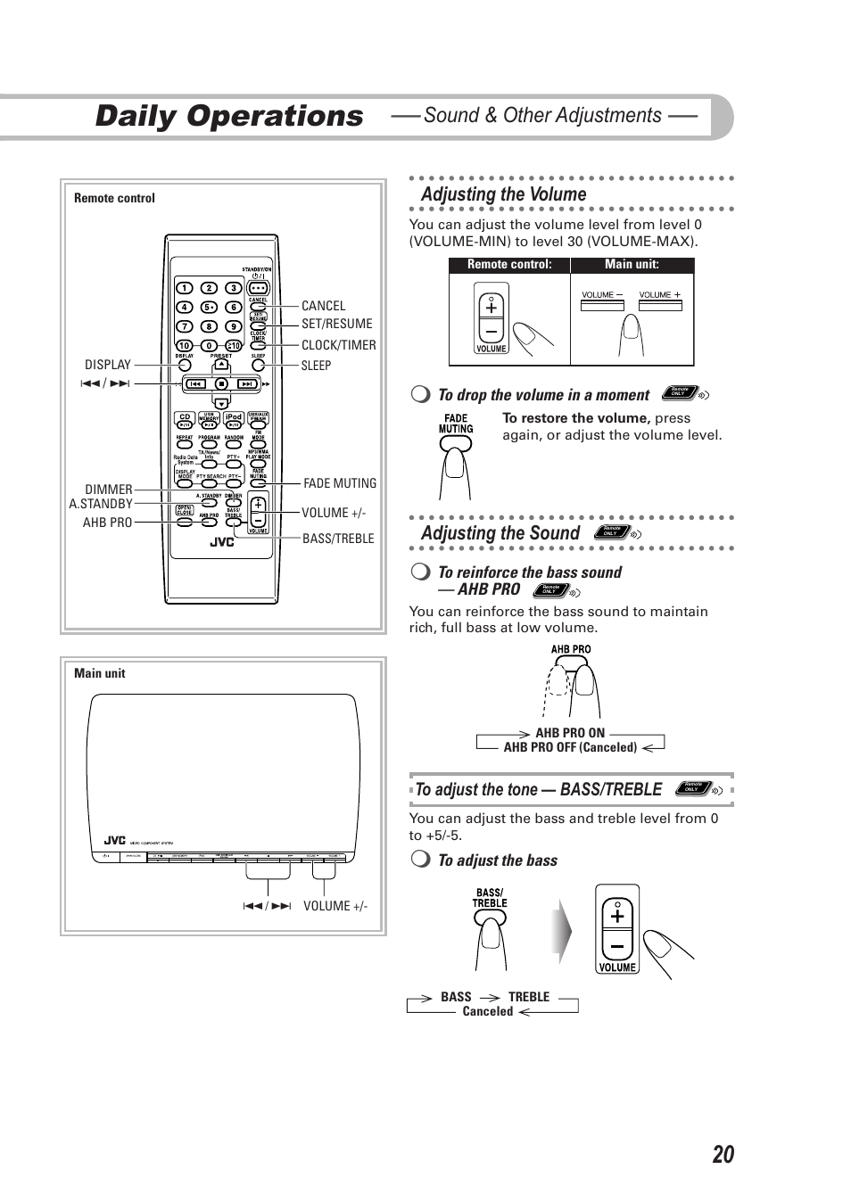 Daily operations — sound & other adjustments, Adjusting the volume, Adjusting the sound | Daily operations— sound & other adjustments, Adjusting the volume adjusting the sound, Remote only, Daily operations, Sound & other adjustments | JVC CA-UXEP25 User Manual | Page 23 / 35