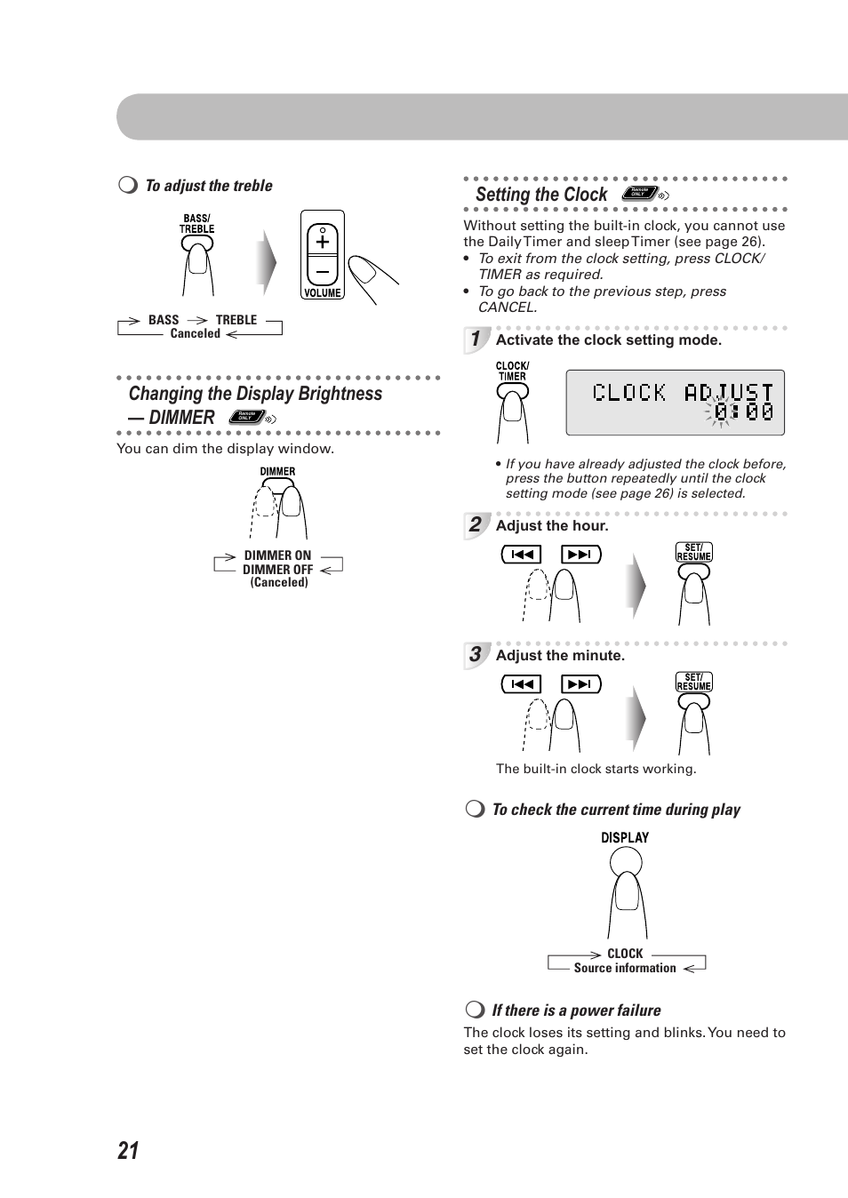 Changing the display brightness — dimmer, Setting the clock, Remote only | JVC CA-UXEP25 User Manual | Page 24 / 35