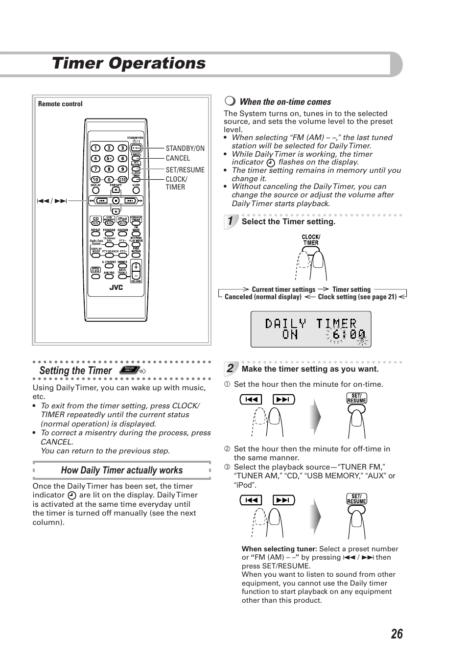 Timer operations, Setting the timer, Remote only | How daily timer actually works | JVC CA-UXEP25 User Manual | Page 29 / 35