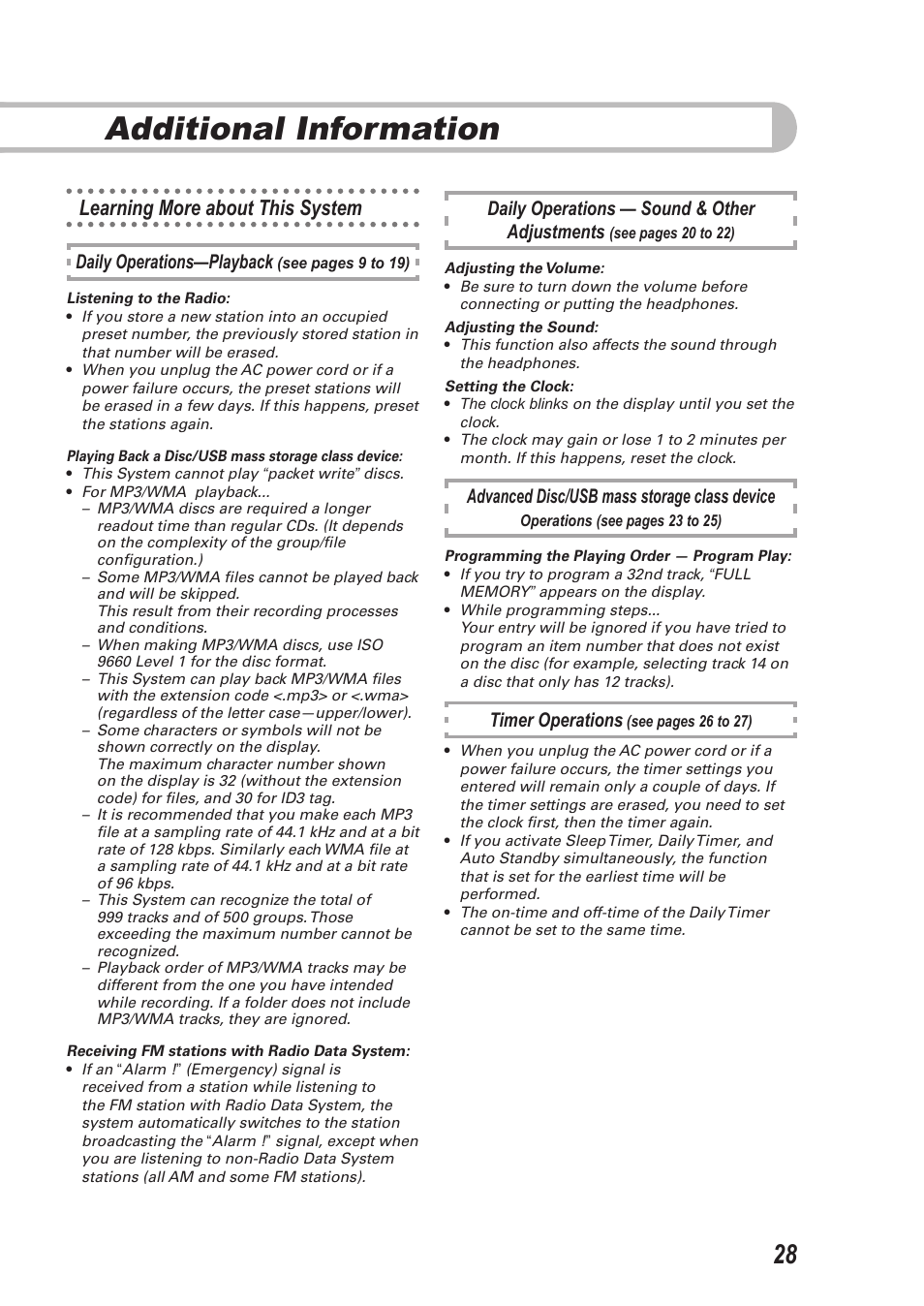 Additional information, Learning more about this system, Daily operations—playback | Daily operations — sound & other adjustments, Advanced disc/usb mass storage class device, Timer operations | JVC CA-UXEP25 User Manual | Page 31 / 35