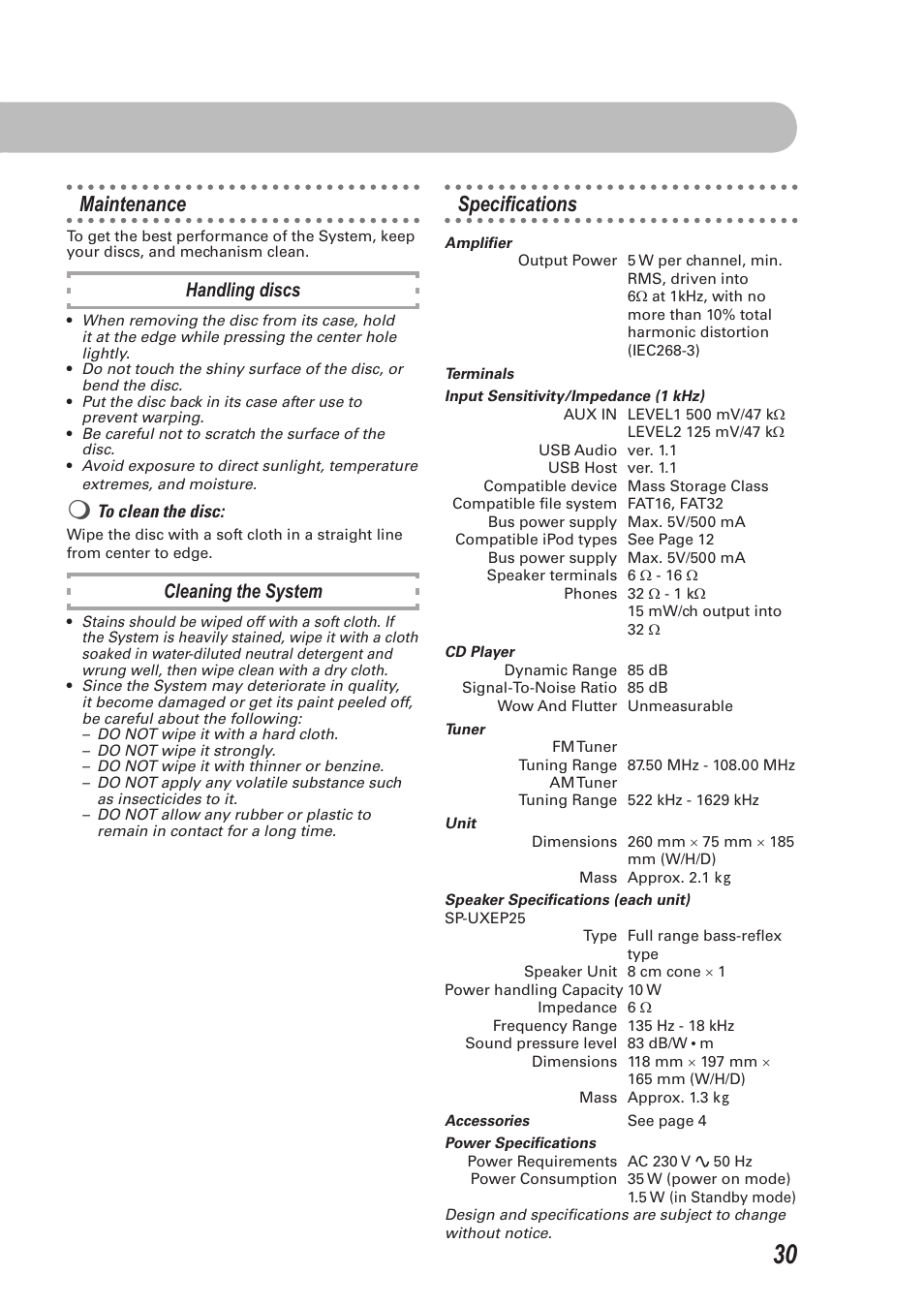 Maintenance, Specifications, Maintenance specifi cations | Specifi cations, Handling discs, Cleaning the system | JVC CA-UXEP25 User Manual | Page 33 / 35