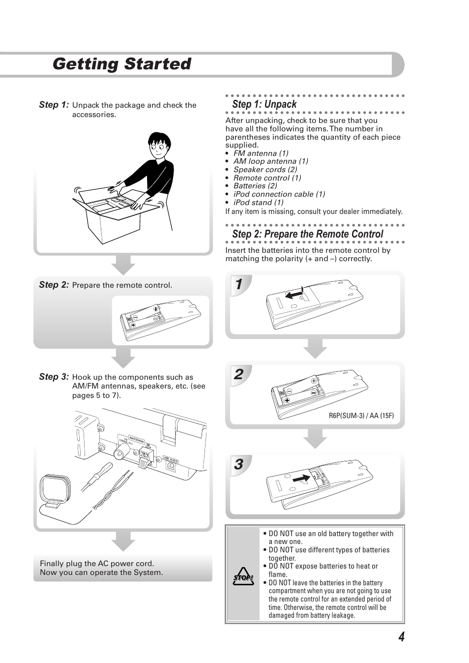 Getting started, Step 1: unpack, Step 2: prepare the remote control | Step 1: unpack step 2: prepare the remote control | JVC CA-UXEP25 User Manual | Page 7 / 35