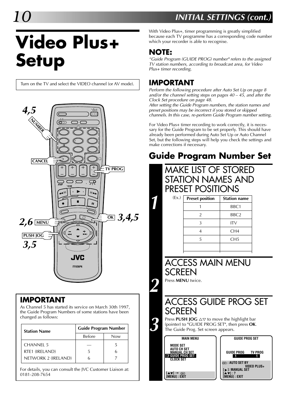 Video plus+ setup, Access main menu screen, Access guide prog set screen | Initial settings (cont.), Guide program number set, Important | JVC HR-DD845EK User Manual | Page 10 / 60