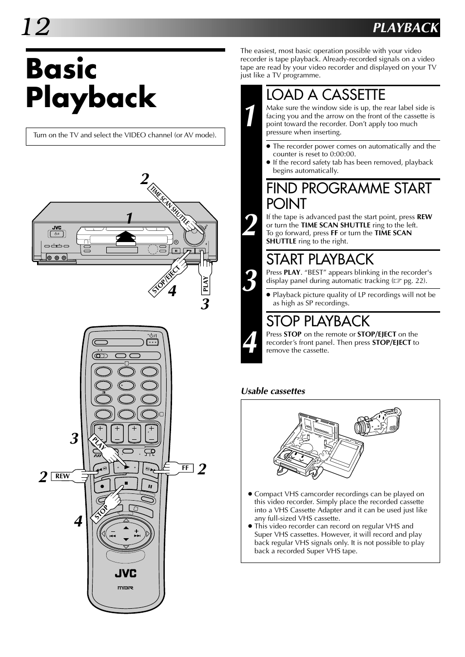 Basic playback, Load a cassette, Find programme start point | Start playback, Stop playback, Playback | JVC HR-DD845EK User Manual | Page 12 / 60