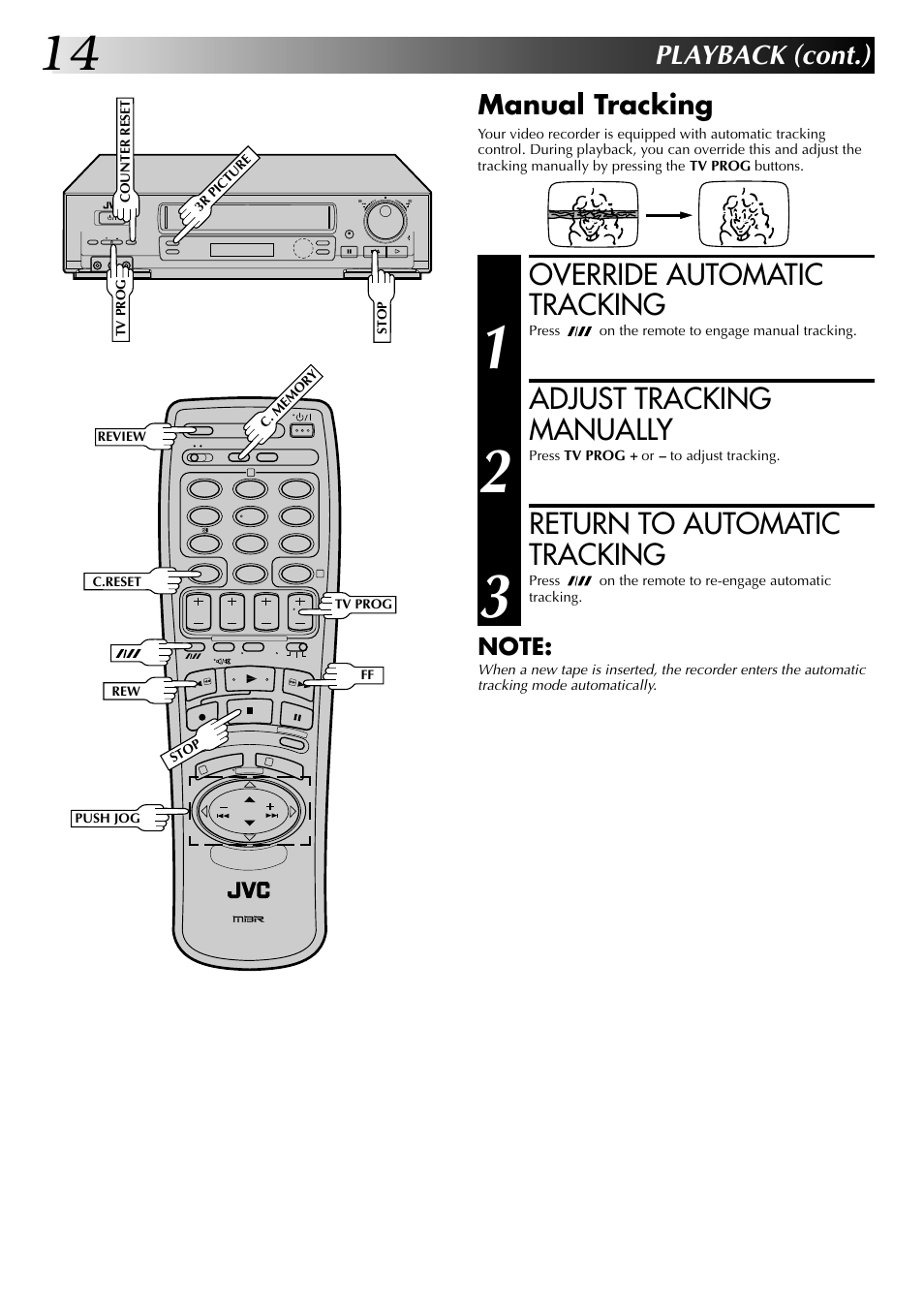 Override automatic tracking, Adjust tracking manually, Return to automatic tracking | Playback (cont.), Manual tracking | JVC HR-DD845EK User Manual | Page 14 / 60