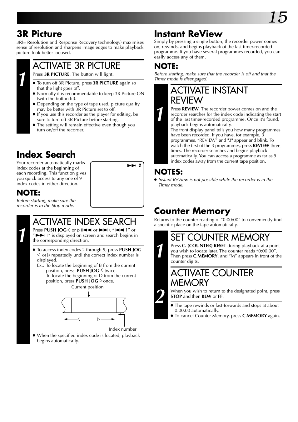 Activate instant review, Activate 3r picture, Activate index search | Instant review, 3r picture, Index search | JVC HR-DD845EK User Manual | Page 15 / 60