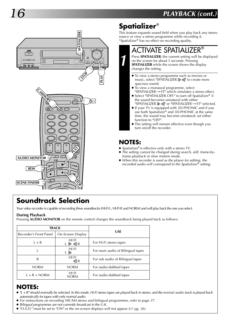 Activate spatializer, Playback (cont.), Soundtrack selection | Spatializer | JVC HR-DD845EK User Manual | Page 16 / 60