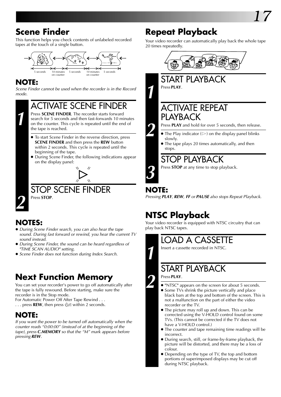 Activate scene finder, Stop scene finder, Start playback | Activate repeat playback, Stop playback, Load a cassette, Scene finder, Repeat playback, Ntsc playback | JVC HR-DD845EK User Manual | Page 17 / 60