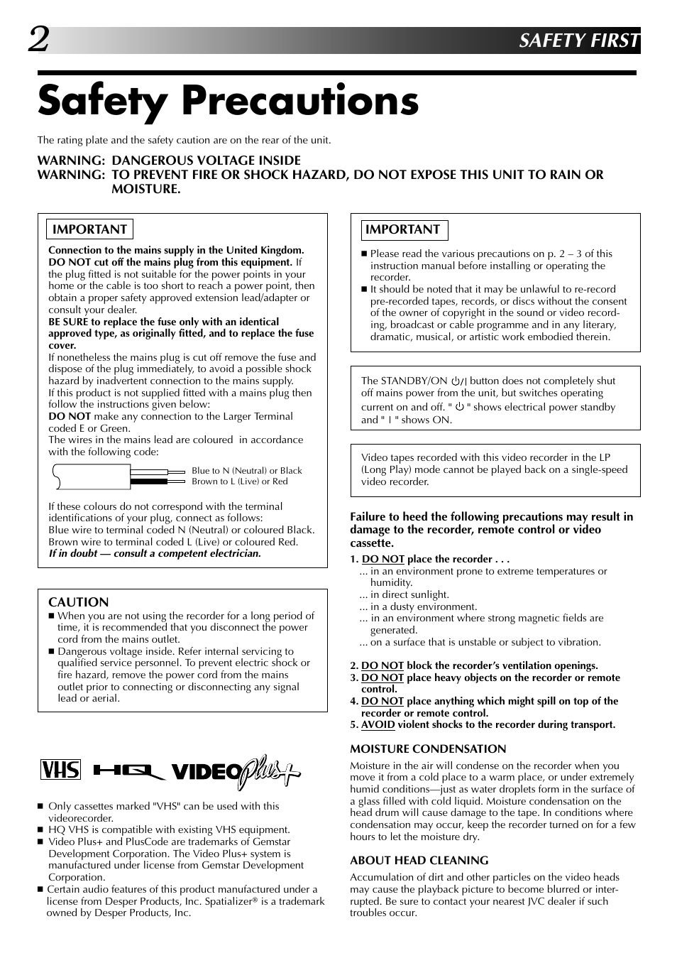 Safety precautions, Safety first | JVC HR-DD845EK User Manual | Page 2 / 60