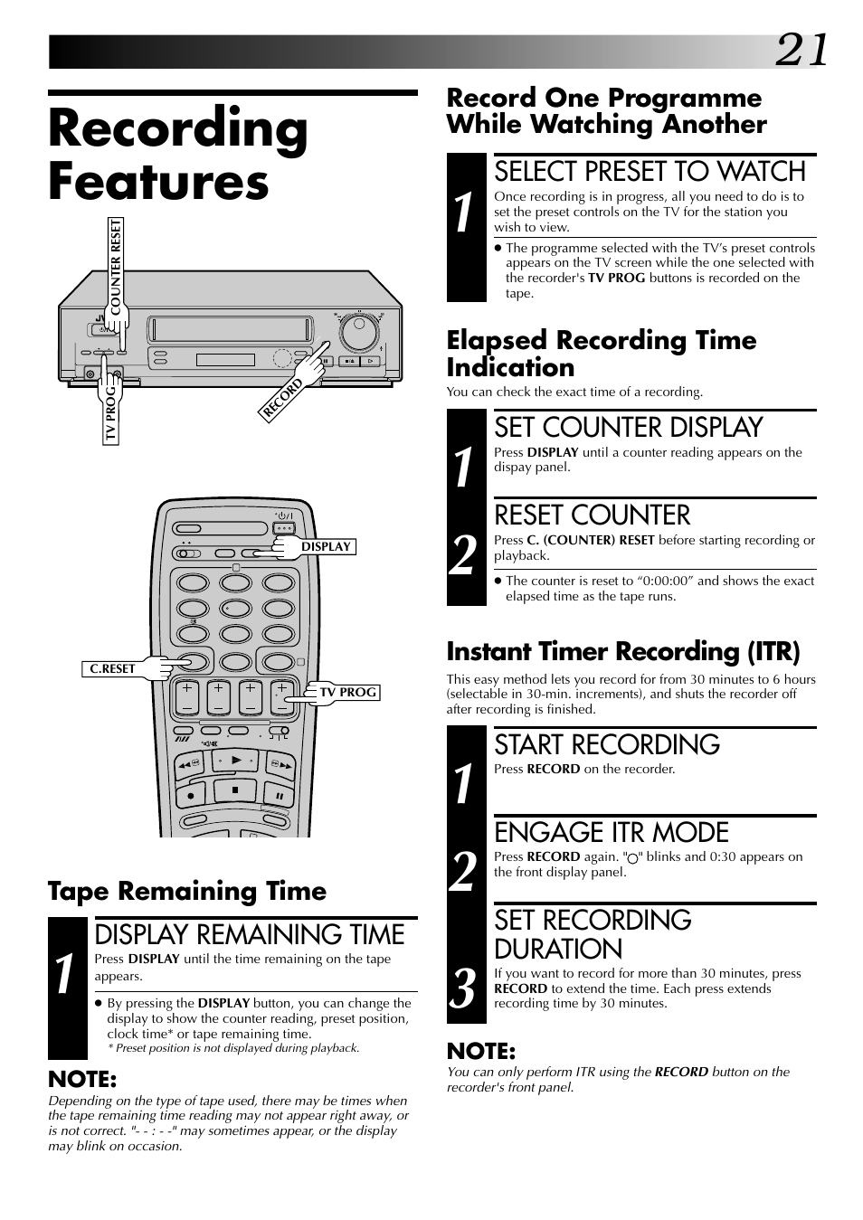 Recording features, Select preset to watch, Start recording | Engage itr mode, Set recording duration, Display remaining time, Set counter display, Reset counter | JVC HR-DD845EK User Manual | Page 21 / 60