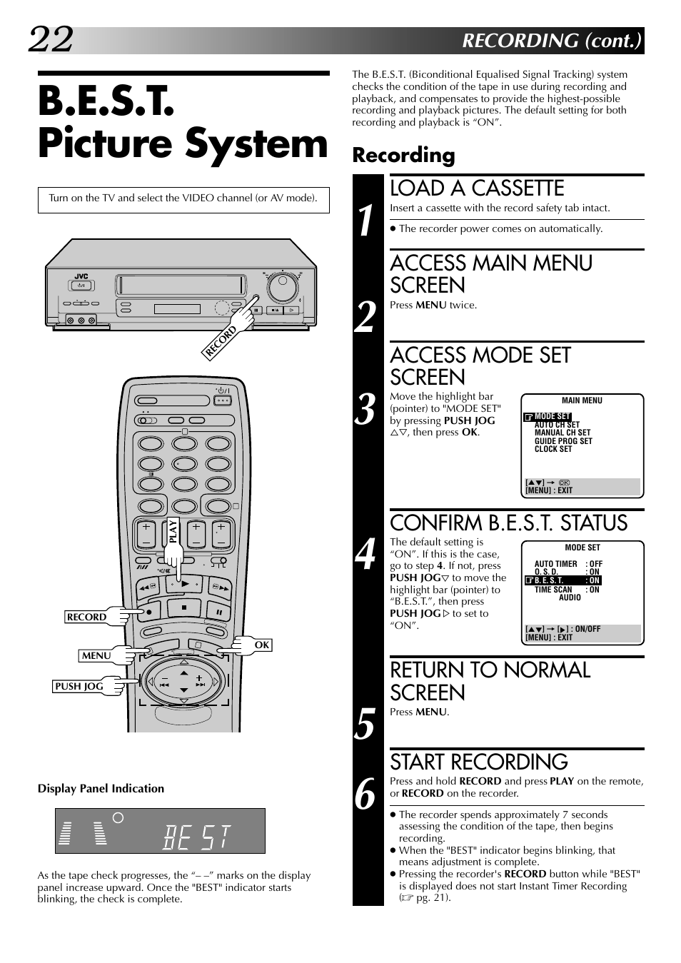 B.e.s.t. picture system, Load a cassette, Access main menu screen | Access mode set screen, Confirm b.e.s.t. status, Return to normal screen, Start recording, Recording (cont.), Recording | JVC HR-DD845EK User Manual | Page 22 / 60