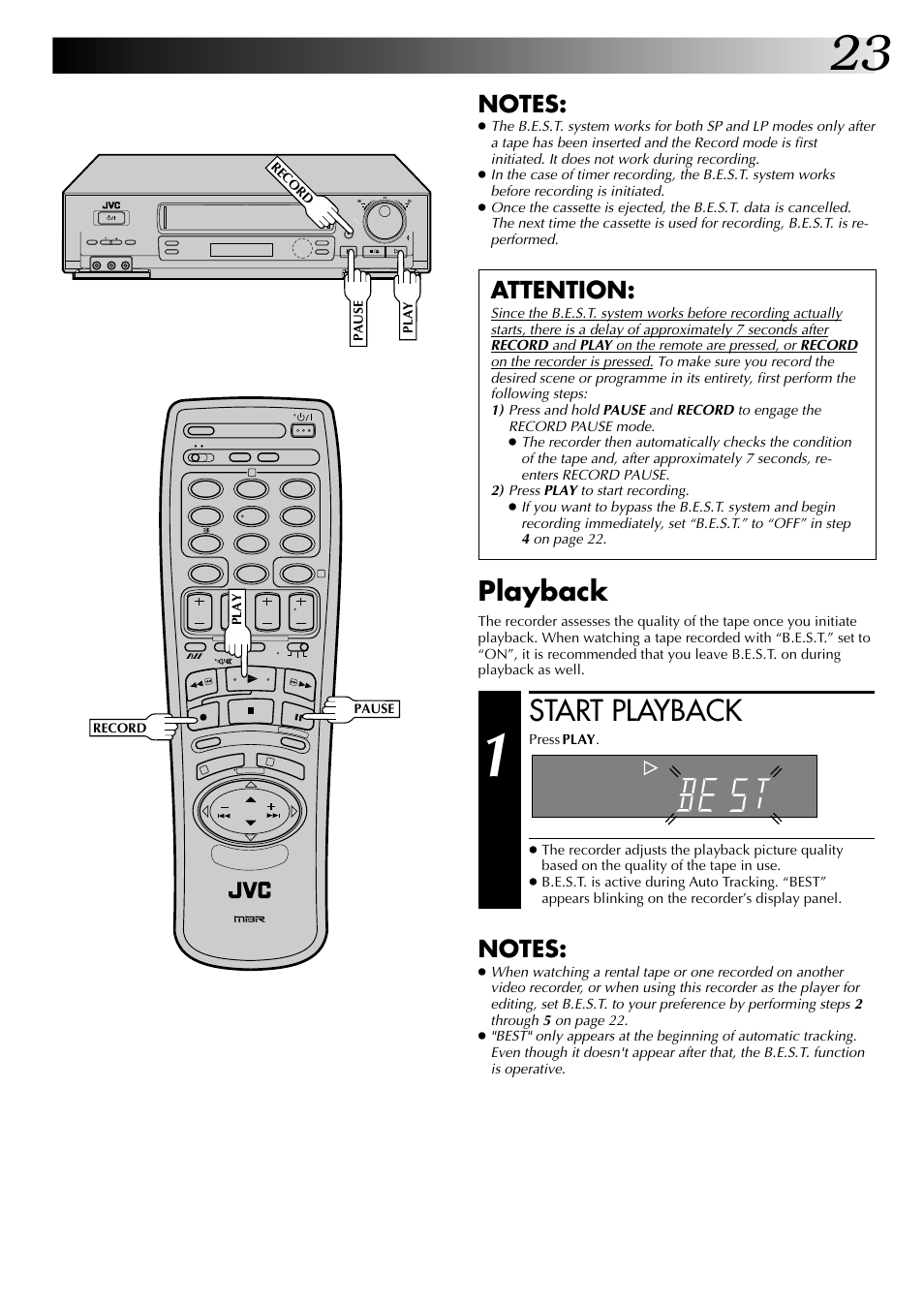 Start playback, Playback, Attention | JVC HR-DD845EK User Manual | Page 23 / 60
