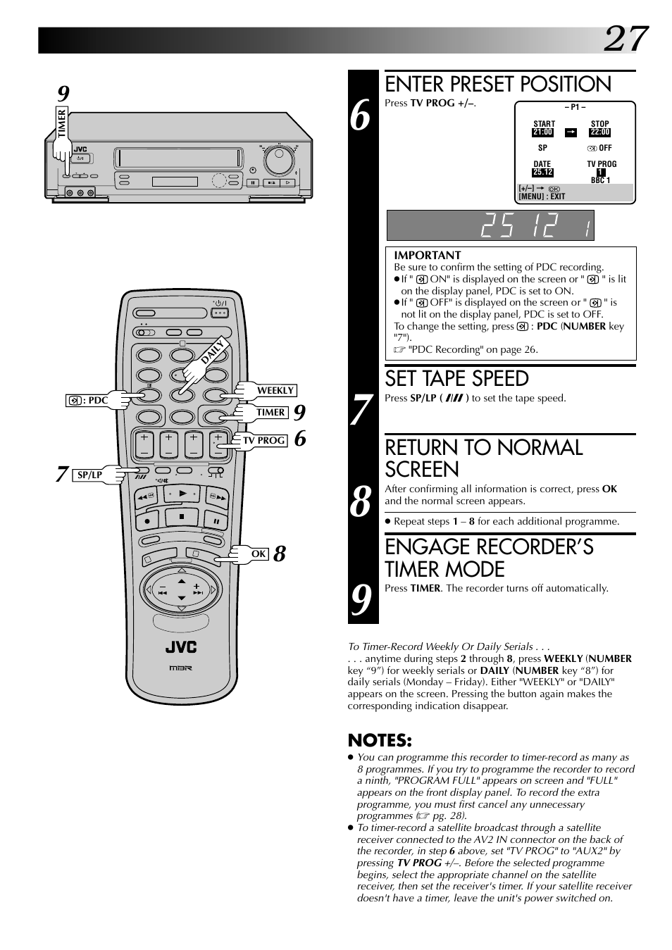 Enter preset position, Set tape speed, Return to normal screen | Engage recorder’s timer mode | JVC HR-DD845EK User Manual | Page 27 / 60