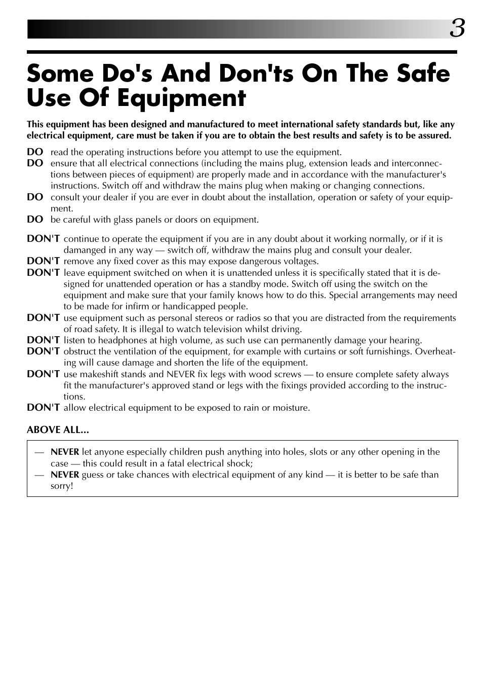 Some do's and don'ts on the safe use of equipment | JVC HR-DD845EK User Manual | Page 3 / 60