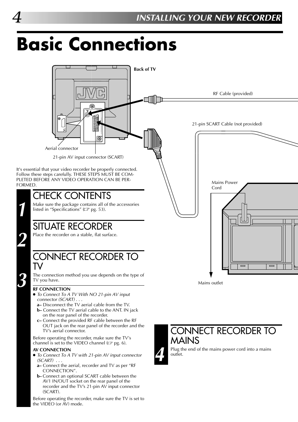 Basic connections, Connect recorder to mains, Check contents | Situate recorder, Connect recorder to tv, Installing your new recorder | JVC HR-DD845EK User Manual | Page 4 / 60