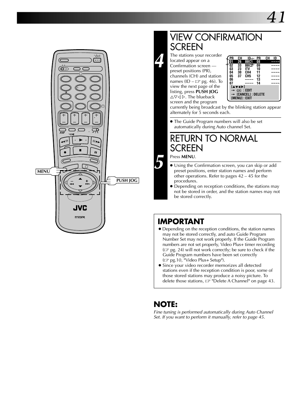 View confirmation screen, Return to normal screen, Important | JVC HR-DD845EK User Manual | Page 41 / 60