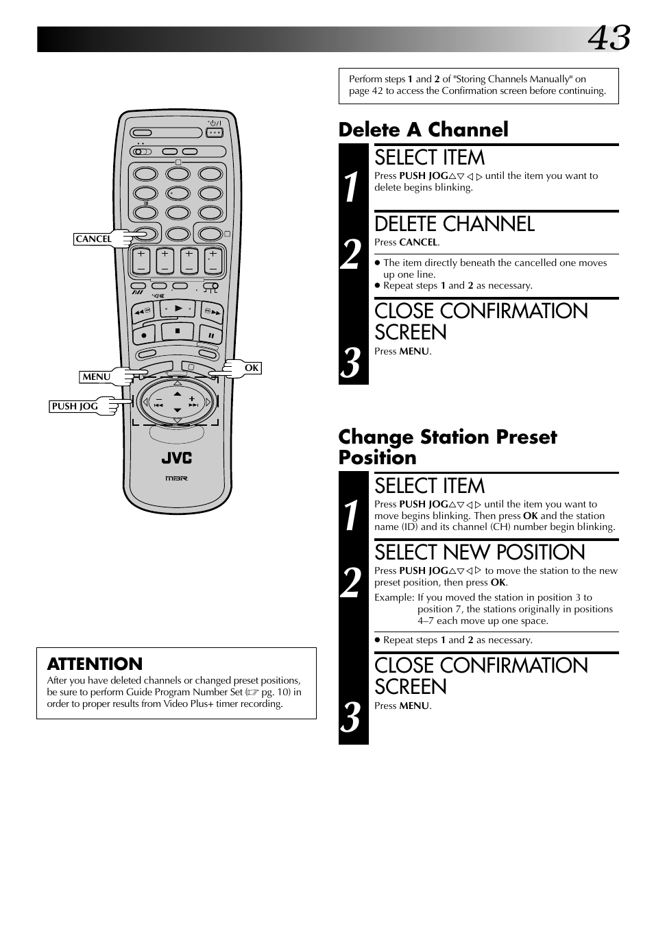 Select item, Select new position, Close confirmation screen | Delete channel, Change station preset position, Delete a channel | JVC HR-DD845EK User Manual | Page 43 / 60